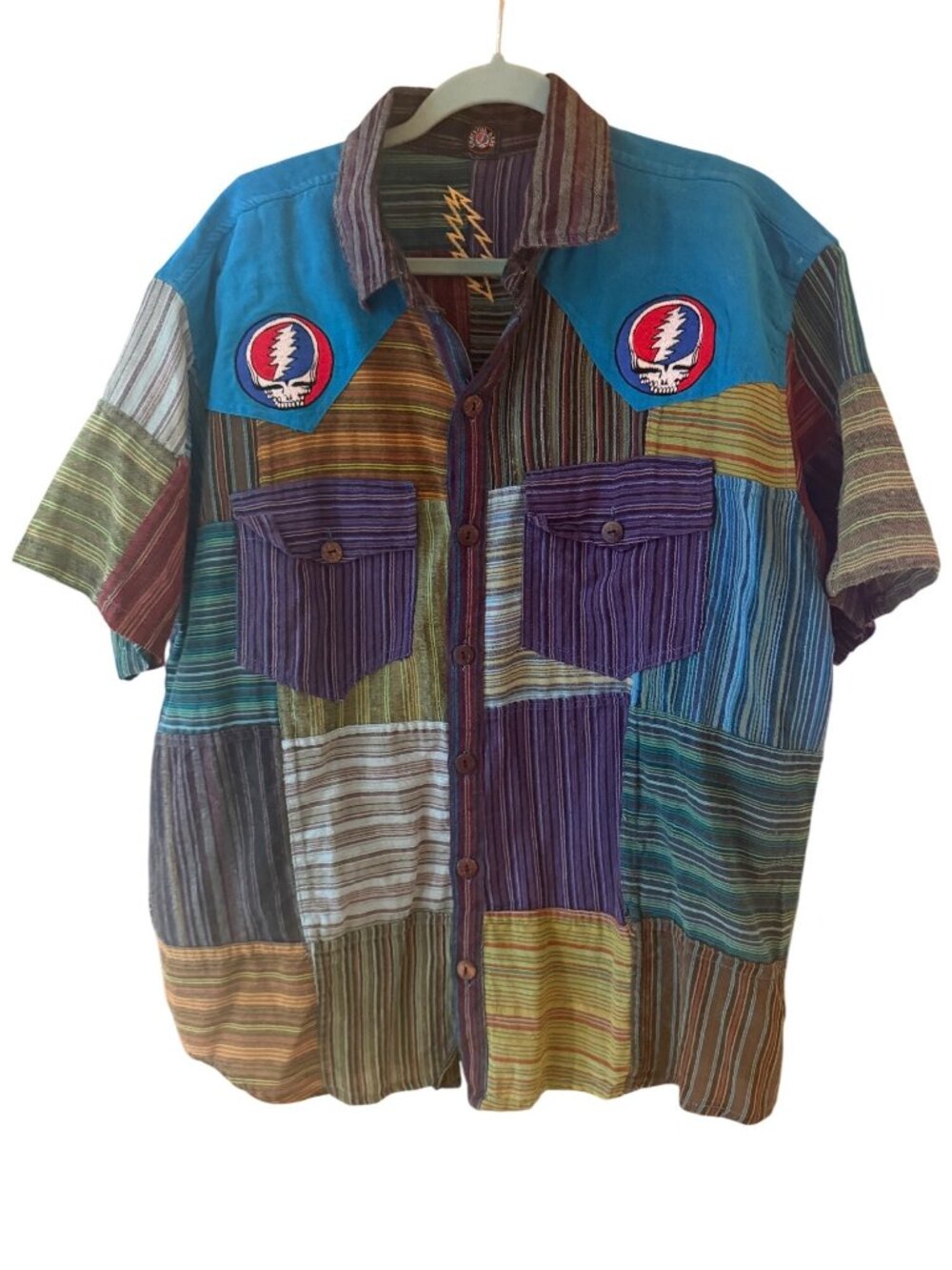 Grateful Dead Mens Short Sleeved Patchwork Shirt Size XXL Multicolor Casual Boho